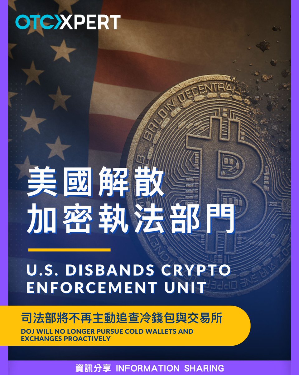 Otcxperthk's tweet photo. #CryptoInformation🌍 #Crypto資訊分享🌍
U.S. 🇺🇸 Disbands Crypto Enforcement Unit
DOJ Will No Longer Pursue Cold Wallets and Exchanges Proactively ⚖️
.
The U.S. Department of Justice has officially shut down its crypto enforcement unit (NCET) 🚫, stating clearly that it is “not a digital asset regulator” ❌. Moving forward, the DOJ will no longer proactively investigate exchanges or cold wallets 🔍, and will instead focus only on individual fraud cases 👨‍⚖️.
.
This move signals a relaxation of regulatory oversight 📉, which is seen as positive news for the crypto industry 👍.
But it also raises concerns: Could scams and shady practices resurface in the absence of oversight? ⚠️ Choosing transparent and responsible platforms 🌟 becomes more crucial than ever.
.
As government oversight fades, platform self-regulation and user vigilance 🛡️ become key.
💭 Do you think cold wallets and mixers are now more prone to misuse?
💬 Share your thoughts below! 👇

==========
美國🇺🇸解散加密執法部門 司法部將不再主動追查冷錢包與交易所⚖️
.
美國司法部已解散其加密貨幣執法部門（NCET）🚫，並明確表示自己「非數位資產監管機構」❌，未來將不再主動調查交易所、冷錢包等案件🔍，只針對個人詐騙行為👨‍⚖️。
.
這項改變釋出監管寬鬆訊號📉，對業界來說是一大正面消息👍。但我們也要反思：當監管退場，詐騙與灰色操作是否會趁機抬頭❓⚠️選擇透明、有責任感的平台變得更重要🌟。
.
當政府監管退場，平台自律與使用者審慎就變得更重要🛡️。 你認為「冷錢包」與「混幣器」是否更易被濫用❓💭 留言講講你點睇👇
.
請Follow @otcxperthk 獲取及瞭解更多防詐騙資訊 或 尋找可靠的加密貨幣交易夥伴的資訊！
.
資訊僅為參考之用，並不構成投知意見，也不應視為任何投知產品的要約、招攬或建議 For reference only; not investment advice or recommendation
.
#USA #監管 #Regulation  #OTC #otchk #otcxpert #otcxperthk #crypto #cryptocurrency #hkcrypto #TsimShaTsui #ChungkingMansions #DigitalAssets #USDT #BTC #香港OTC #尖沙咀 #重慶大廈 #加密貨幣 #數字資產 #尖沙咀重慶大廈OTCxpert