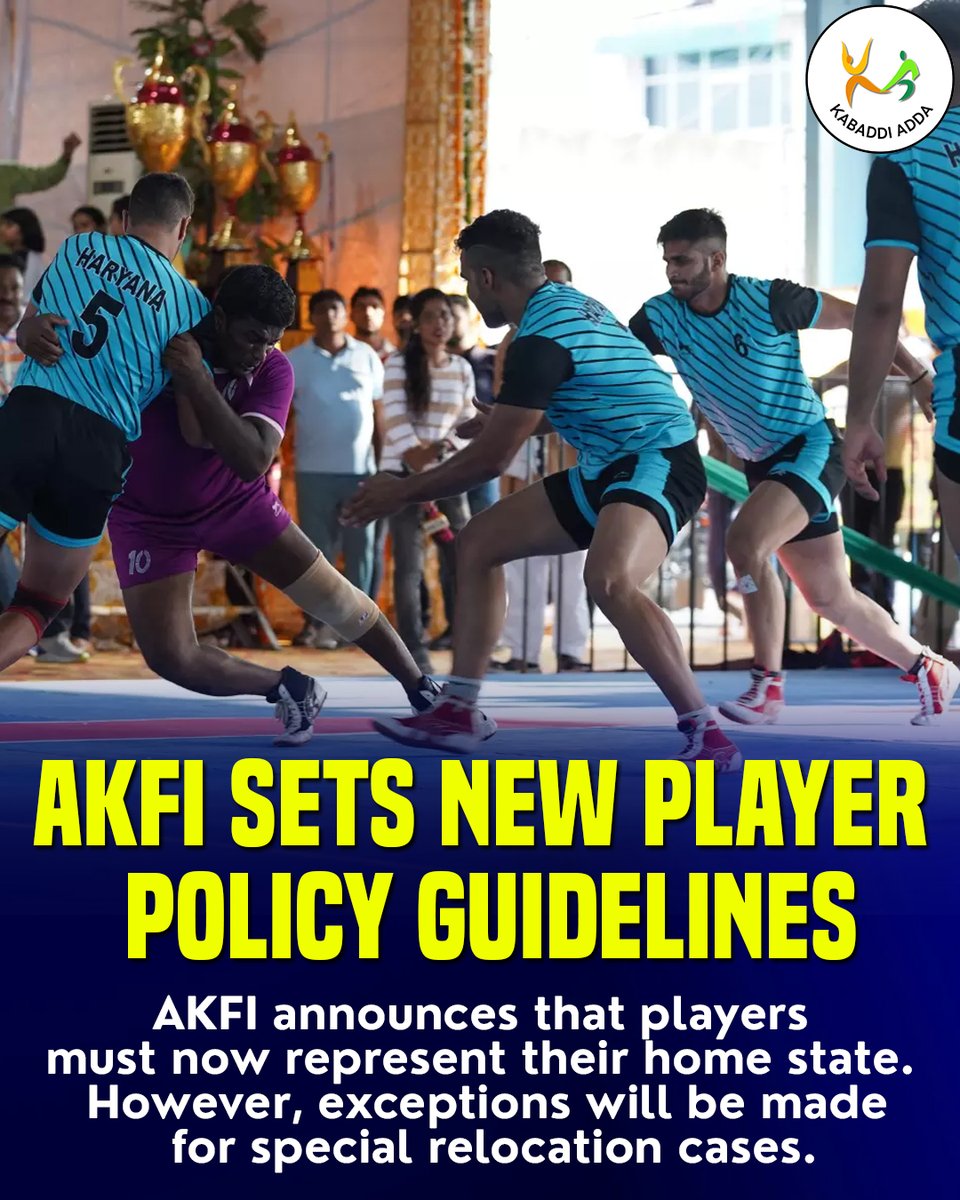 KabaddiAdda's tweet photo. New AKFI Player Rule Drops! 🚨🏆
AKFI rolls out a fresh player policy — athletes can now represent only their home state in national events.
#AKFI #HomeStateRule #NewPolicyAlert #KabaddiIndia #FairGame #KabaddiNews #KabaddiRules #BreakingNews #KabaddiAdda #Followus #Comment https://t.co/MSCEWqynvZ