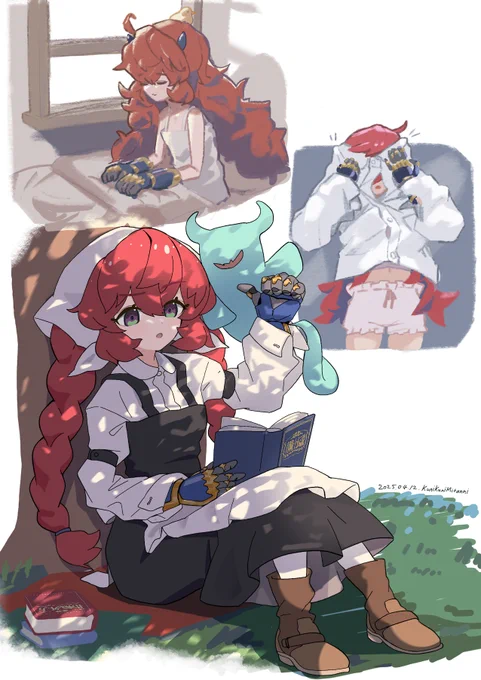 前に描いた癖っ毛ガントレット田舎娘ちゃん。呪いのガントレットがついたまま着替えできるようにシャツを大きくしてみたり 