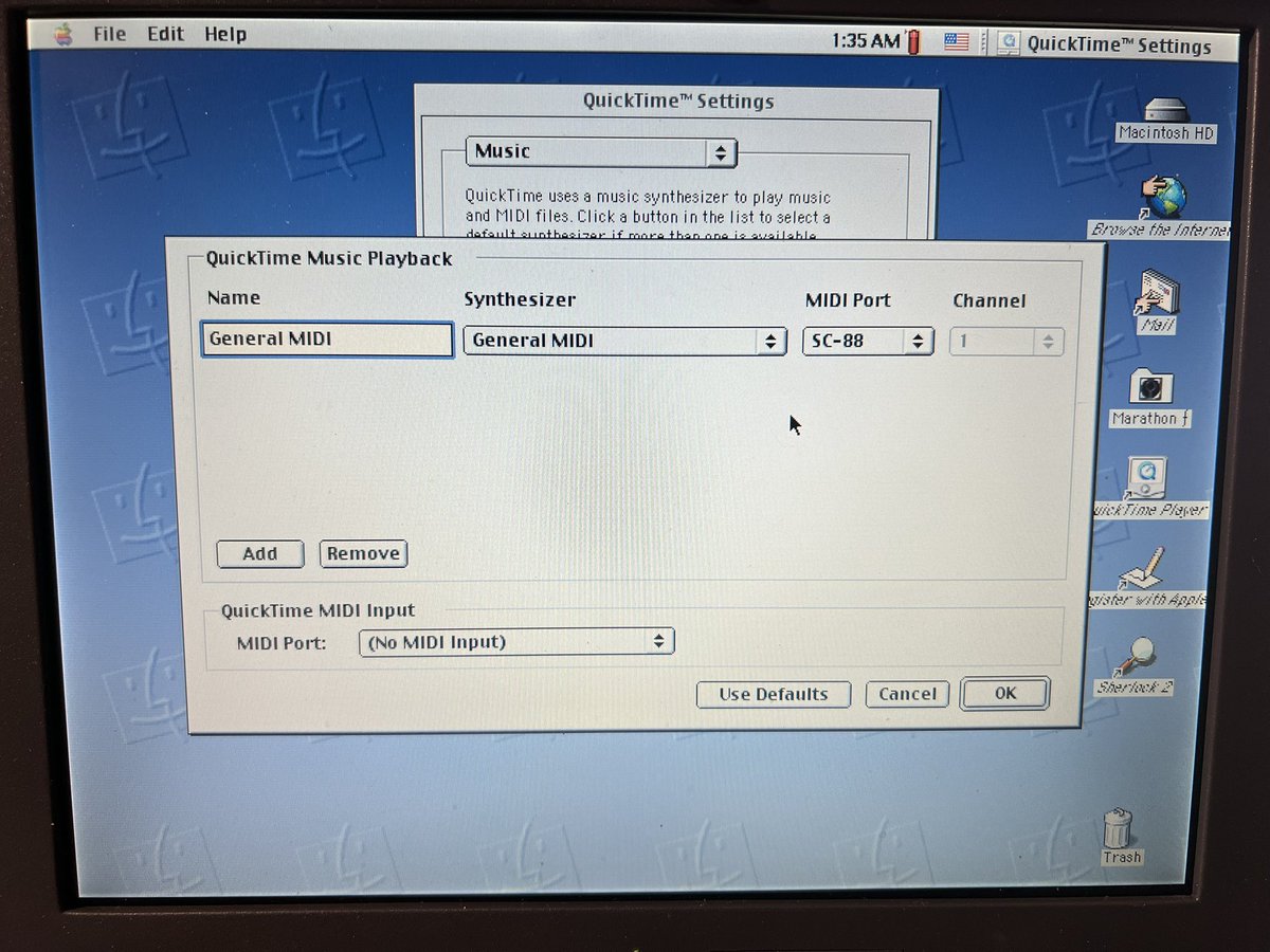 defor's tweet photo. Because I am new to this, and the info is lacking, this is my set up:
1) Connect the external box to the modem port
2) Disable AppleTalk or set it to not use the modem port.
3) Install OMS and configure.
4) Setup QuickTime Control Panel Music settings.

Hope this helps someone! https://t.co/Kf0Zwd8wTM