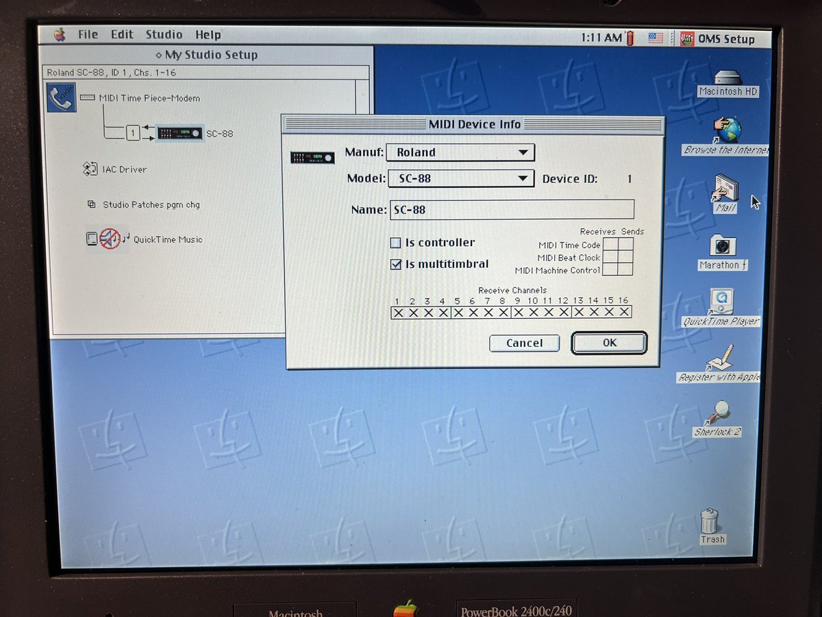 defor's tweet photo. Because I am new to this, and the info is lacking, this is my set up:
1) Connect the external box to the modem port
2) Disable AppleTalk or set it to not use the modem port.
3) Install OMS and configure.
4) Setup QuickTime Control Panel Music settings.

Hope this helps someone! https://t.co/Kf0Zwd8wTM