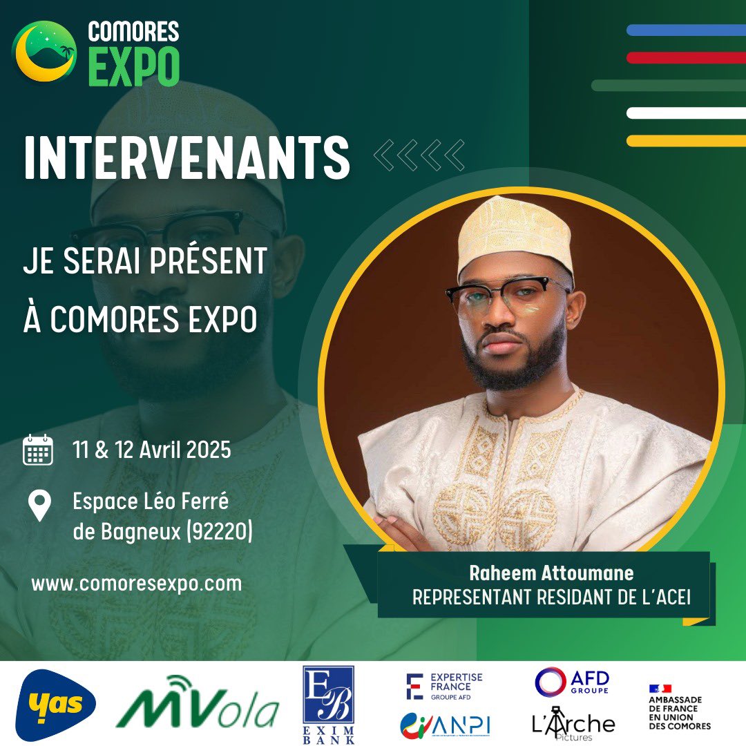 _AfricanCoop's tweet photo. Ce samedi 12 avril à 11h, ne manquez pas la participation de notre Représentant Résident, S.E. @raheem_atm, au #ComoresExpo, le tout premier salon dédié des 🇰🇲 !  
Il prendra part à une table ronde interactive sur le thème : « Retour en Afrique » à l’Espace Ferré de Bagneux. https://t.co/iZY0PpYKsE