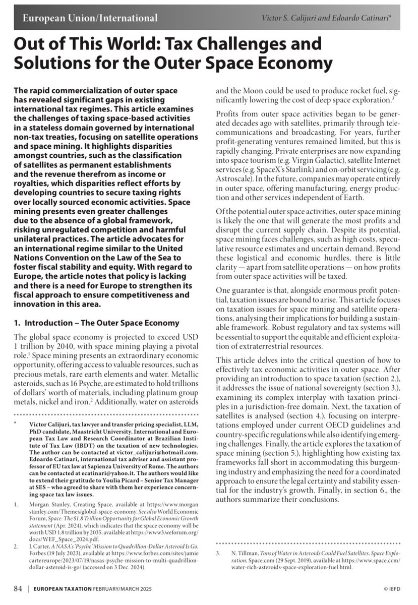 ECatinari's tweet photo. The future of #SpaceEconomy demands a new international tax law framework.
In our latest piece for European Taxation, we call for a “Law of the Sea”-like regime for #OuterSpace.
A must-read for @OECDtax, @EU_Commission &amp; #SpacePolicy makers.
#TaxLaw #EUtax #OECD @IBFD_on_Tax https://t.co/kFjFMRZUwR
