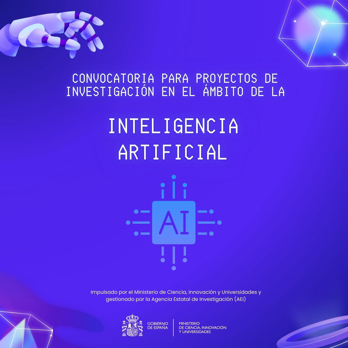 ✅ Esta semana el #CMin ha aprobado una nueva convocatoria de hasta 36M€ para impulsar proyectos de investigación en #InteligenciaArtificial. 

Te contamos quién puede beneficiarse y en qué consiste la ayuda 🧵👇