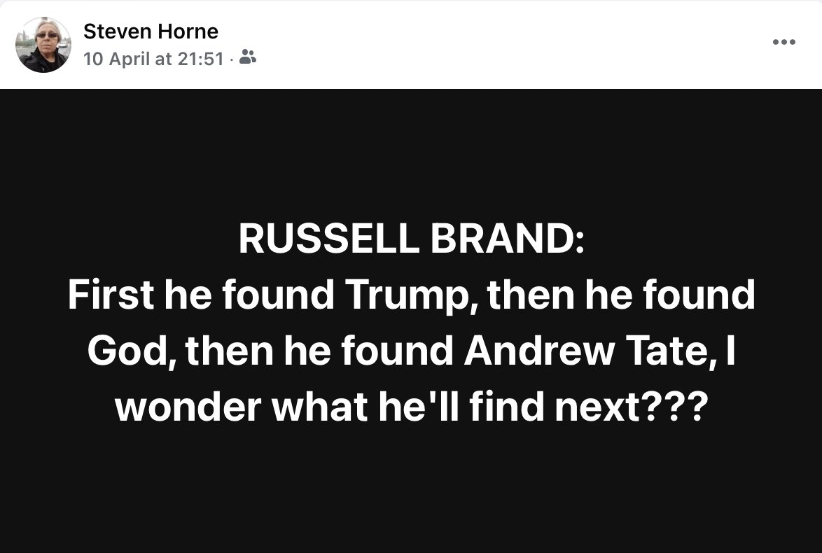 Steven Vellou (@stevenvellou) on Twitter photo <a href="/rustyrockets/">Russell Brand</a> RUSSELL BRAND:
First he found Trump, then he found God, then he found Andrew Tate, I wonder what he'll find next???
Or did he find God THEN Trump??? <a href="/rustyrockets/">Russell Brand</a> RUSSELL BRAND:
First he found Trump, then he found God, then he found Andrew Tate, I wonder what he'll find next???
Or did he find God THEN Trump???