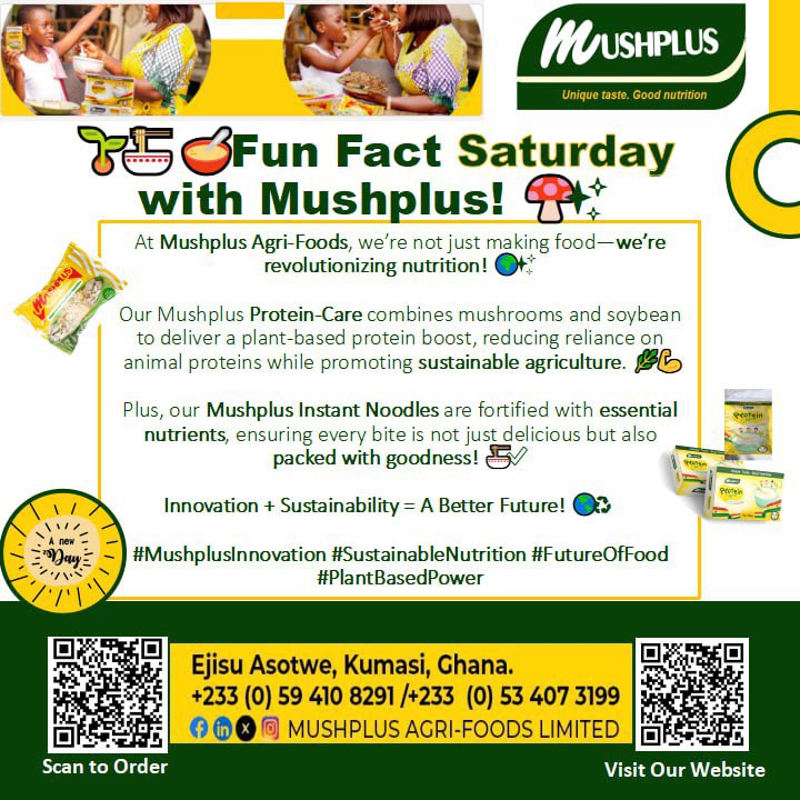#MushplusFunFact🥳
#HealthyEating4HappyLiving😊
#Nutrition+#Sustainability🌎

<a href="/kicghana/">Kosmos Innovation Center Ghana</a> <a href="/MastercardFdn/">Mastercard Foundation</a> <a href="/GAINalliance/">GAIN</a> <a href="/KosmosEnergy/">Kosmos Energy</a>