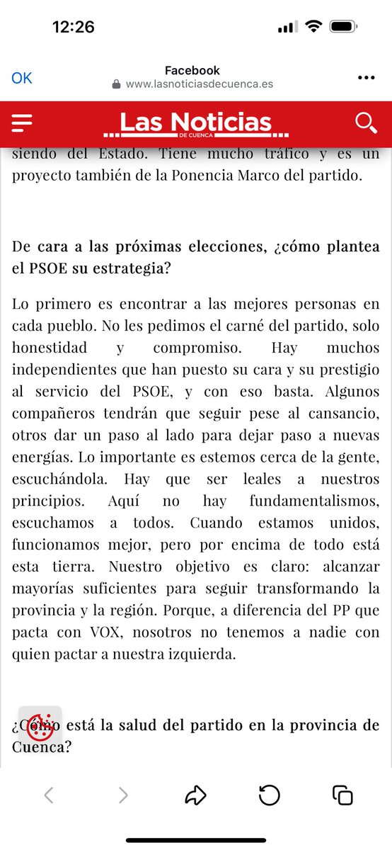 “No tenemos nadie a la izquierda con quien pactar” … y cuando lo tienen prefieren hacerlo con el PP o dejarlos gobernar 

lasnoticiasdecuenca.es/entrevistas/nu…