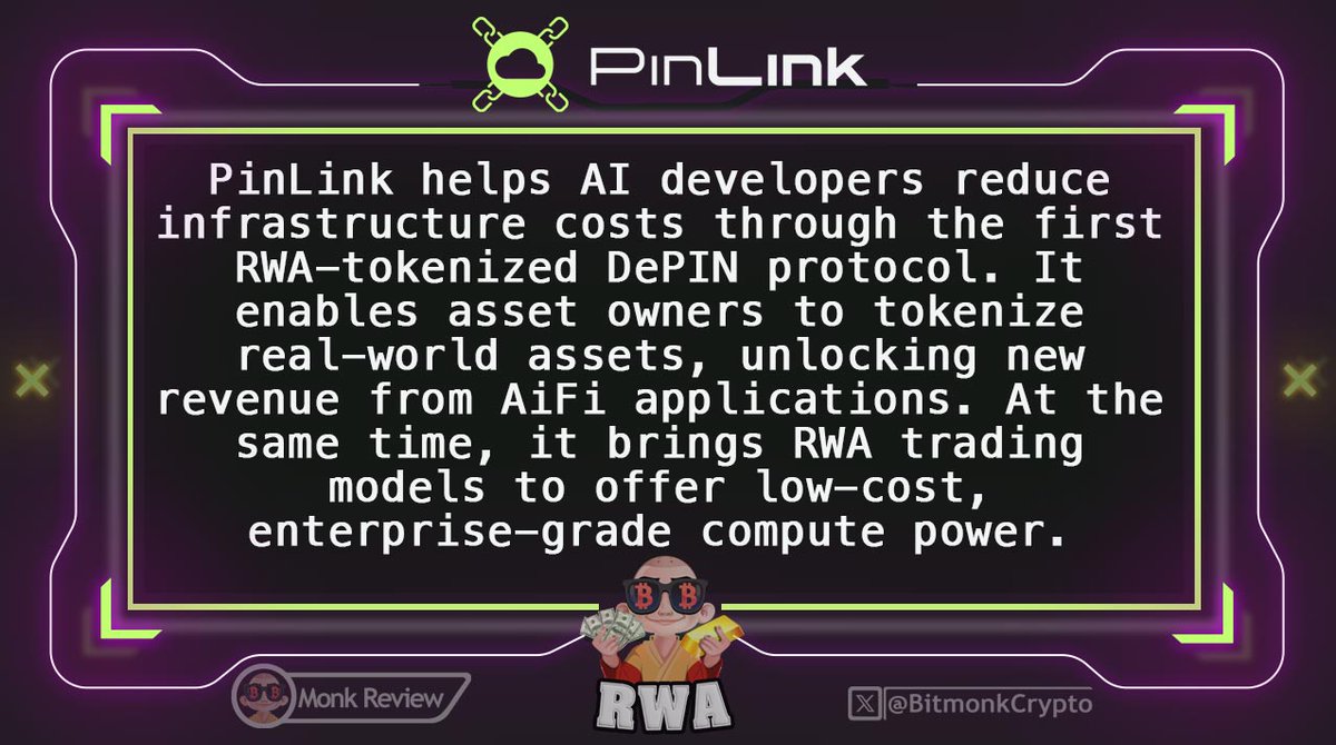 BitmonkCrypto's tweet photo. #RWA projects would explode once the market gets back on track!
PinLink is a project worth looking at.

What is PinLink?
PinLink helps AI developers reduce infrastructure costs through the first RWA-tokenized DePIN protocol. It enables asset owners to tokenize real-world assets, unlocking new revenue from AiFi applications. At the same time, it brings RWA trading models to offer low-cost, enterprise-grade compute power.

➥ Powered by AI:
PinAI suite streamlines resource management to maximize efficiency in high-performance computing and cloud storage.

➥ RWA Fractionalization:
enabling fractional ownership of depin assets allows asset owners to access more flexible and diverse revenue streams.

➥ DePIN tokenization:
tokenizing depin assets through an rwa model reduces costs for ai developers, making advanced infrastructure more accessible.

$PIN current numbers ↴
📊 Current Market Cap: $65 Million only 
📈 FDV: $75 Million 
🚚 Total Supply: 100 Million
🔁 Circulating Supply: 88 Million 

Important links for $PIN ↴ 
🌐 https://t.co/17LVeKLi0Z
𝕏  @PinLinkAi 

#AI #RWA #DePIN #Crypto #CryptoPump #DeSci #AIAgents #cryptocurrency #Bitcoin2025 $BTC