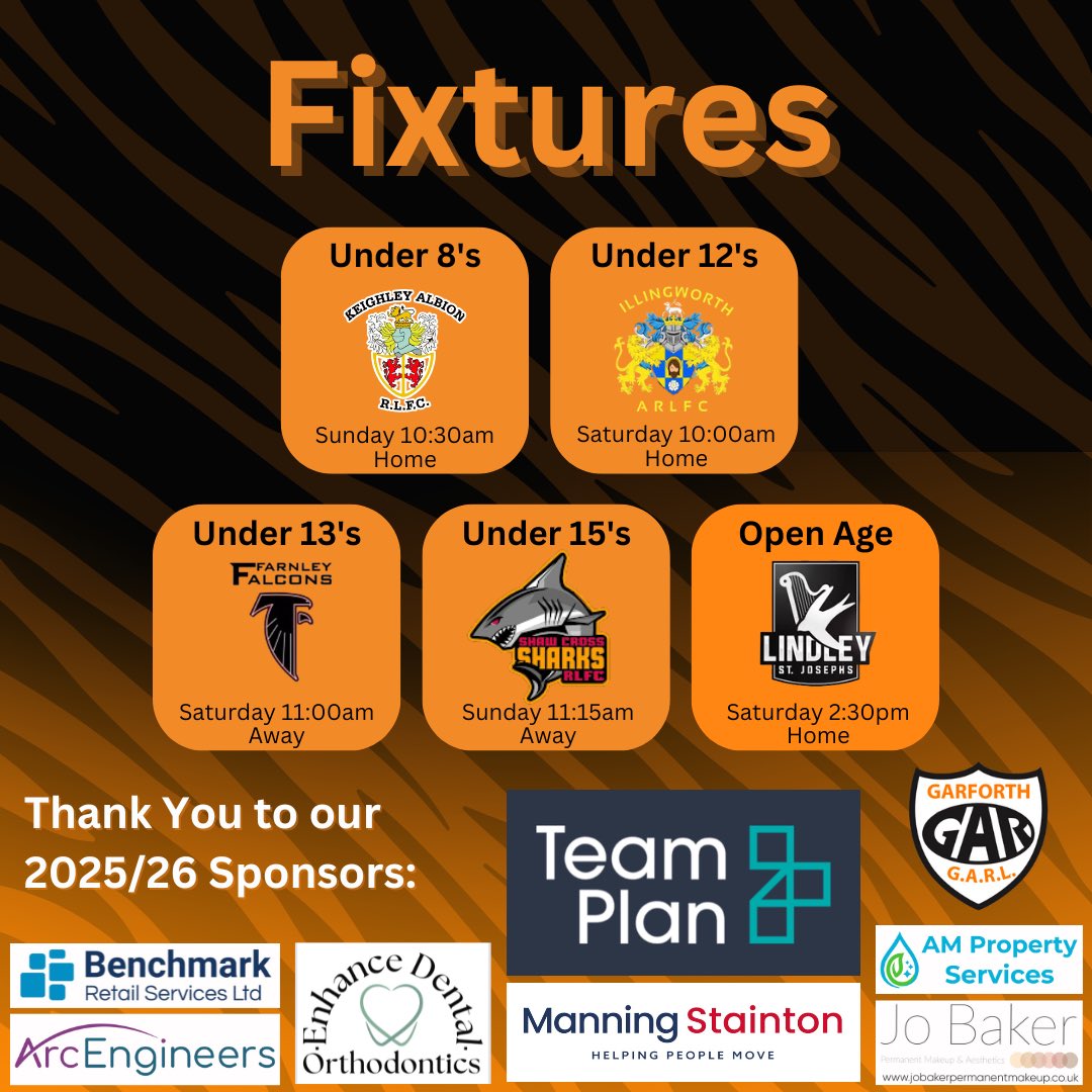 🐅 This weekend sees 3 games at Glebelands Park including our Open Ages first home game of the season. 

Good luck to all our teams!

🖤❤️

#UpTheTigers #GarforthTigers #RugbyLeague #Garforth #Tigers #Rugby #League