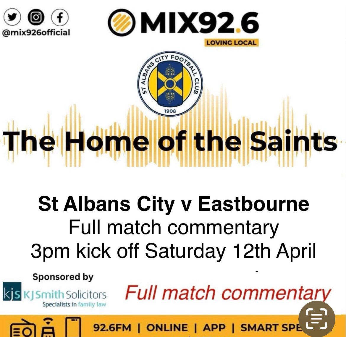 localsportsmix (@localsportsmix) on Twitter photo If you canāt make to Clarence Park today for <a href="/stalbanscityfc/">St Albans City FC</a> v <a href="/ebfc_official/">Eastbourne Borough FC</a> then tune into <a href="/Mix926official/">Mix 92.6</a> in Hertfordshire on 92.6FM / on DAB or globally online mix926.com from 3pm for full match commentary sponsored by <a href="/KJSSolicitors/">K J Smith Solicitors</a> experts in family law If you canāt make to Clarence Park today for <a href="/stalbanscityfc/">St Albans City FC</a> v <a href="/ebfc_official/">Eastbourne Borough FC</a> then tune into <a href="/Mix926official/">Mix 92.6</a> in Hertfordshire on 92.6FM / on DAB or globally online mix926.com from 3pm for full match commentary sponsored by <a href="/KJSSolicitors/">K J Smith Solicitors</a> experts in family law