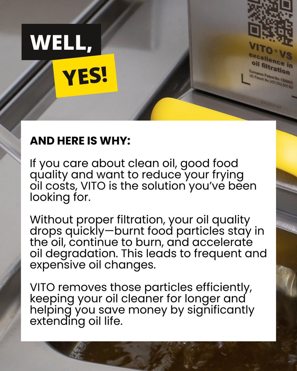 VITOFILTRATION's tweet photo. Clean oil. Lower costs. one Smart Solution – VITO
Contact us today for a consultation! 🤝

🟨

⬛

#vitofilter #filtration #kitchen #frying #oil #chefs #kitchenlife #cooking #eat #fried #friedchicken https://t.co/ty99Di24R1