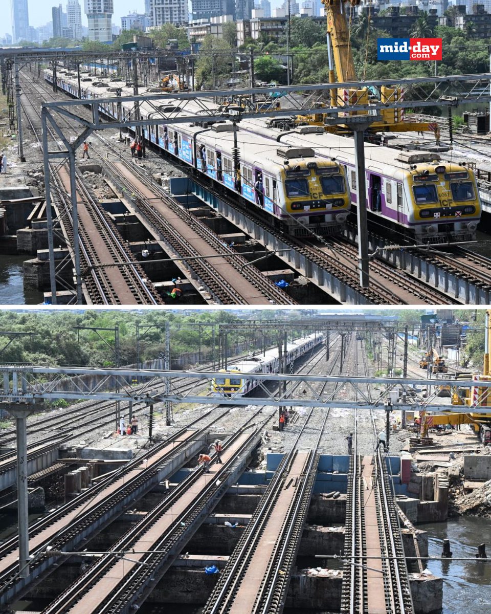 mid_day's tweet image. Local train services were moving slowly as workers filled the ground level following the re-girdering of a bridge between Mahim and Bandra during a major night block near the Mithi River in Mahim, Mumbai

Credits: @satejss 

#Mumbai #WesternRailways #LocalTrain #MumbaiNews
