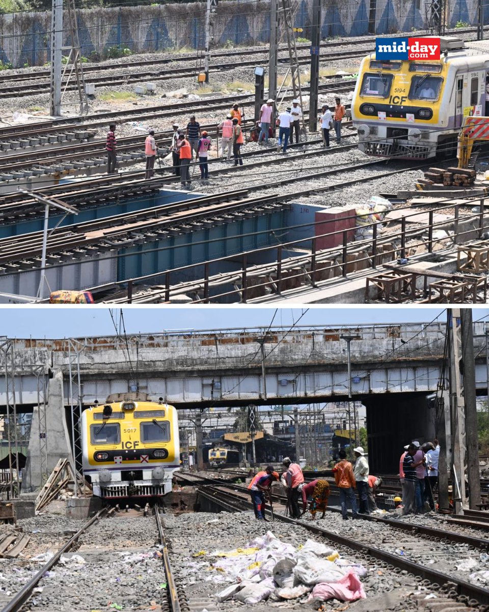 mid_day's tweet image. Local train services were moving slowly as workers filled the ground level following the re-girdering of a bridge between Mahim and Bandra during a major night block near the Mithi River in Mahim, Mumbai

Credits: @satejss 

#Mumbai #WesternRailways #LocalTrain #MumbaiNews