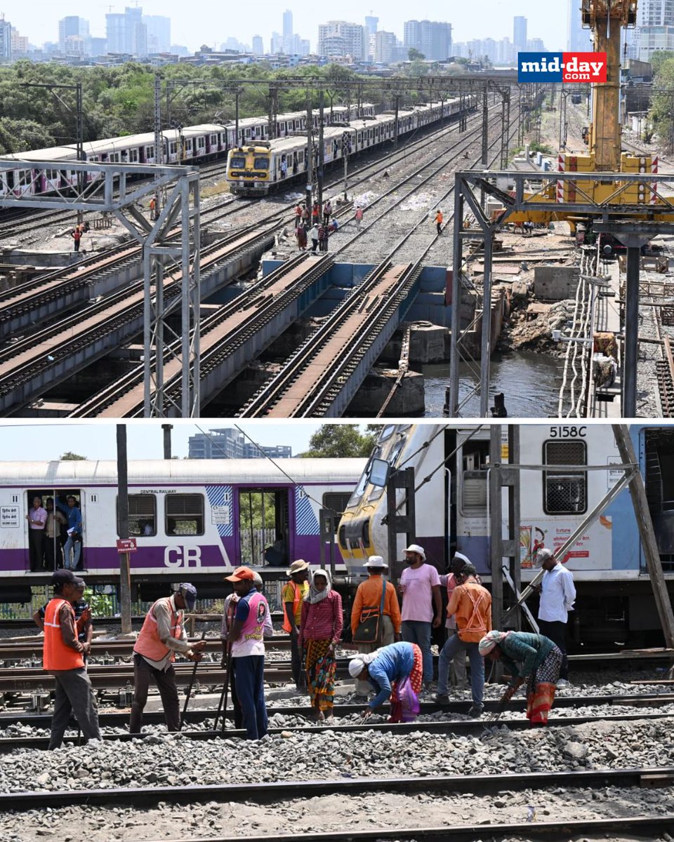 mid_day's tweet image. Local train services were moving slowly as workers filled the ground level following the re-girdering of a bridge between Mahim and Bandra during a major night block near the Mithi River in Mahim, Mumbai

Credits: @satejss 

#Mumbai #WesternRailways #LocalTrain #MumbaiNews