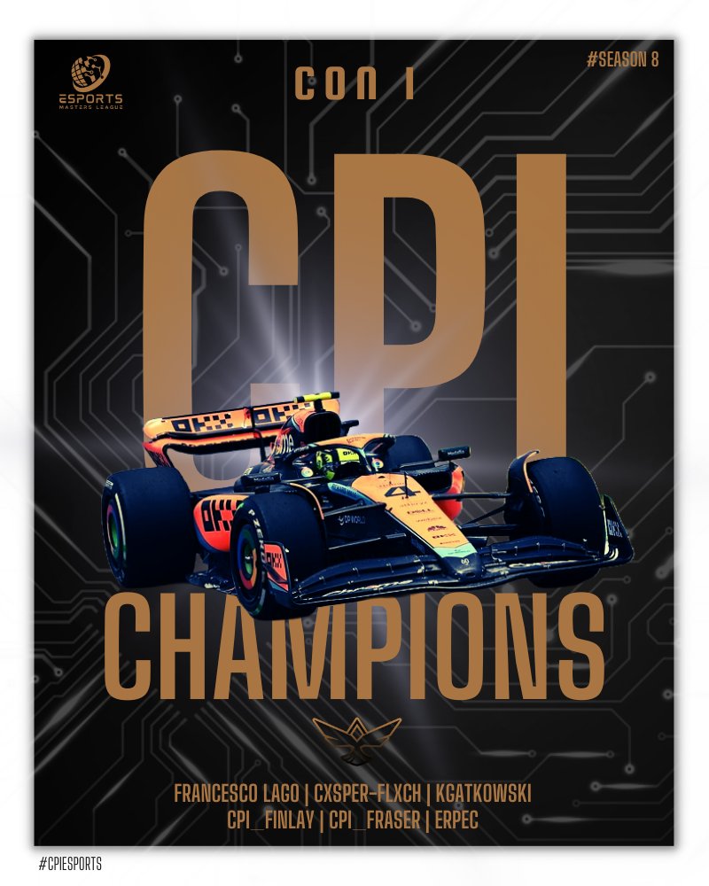 Esports Masters League (@eml_f1) on Twitter photo Congratulations <a href="/CPI_Esports/">CPI Esports Ltd.</a>
Officially Crowned CON 1๏ธโฃ Champions ๐
Races 1๏ธโฃ1๏ธโฃ
Wins 7๏ธโฃ
Podiums 1๏ธโฃ2๏ธโฃ
Poles 4๏ธโฃ
Fastest Laps 3๏ธโฃ
Points 2๏ธโฃ8๏ธโฃ8๏ธโฃ Congratulations <a href="/CPI_Esports/">CPI Esports Ltd.</a>
Officially Crowned CON 1๏ธโฃ Champions ๐
Races 1๏ธโฃ1๏ธโฃ
Wins 7๏ธโฃ
Podiums 1๏ธโฃ2๏ธโฃ
Poles 4๏ธโฃ
Fastest Laps 3๏ธโฃ
Points 2๏ธโฃ8๏ธโฃ8๏ธโฃ