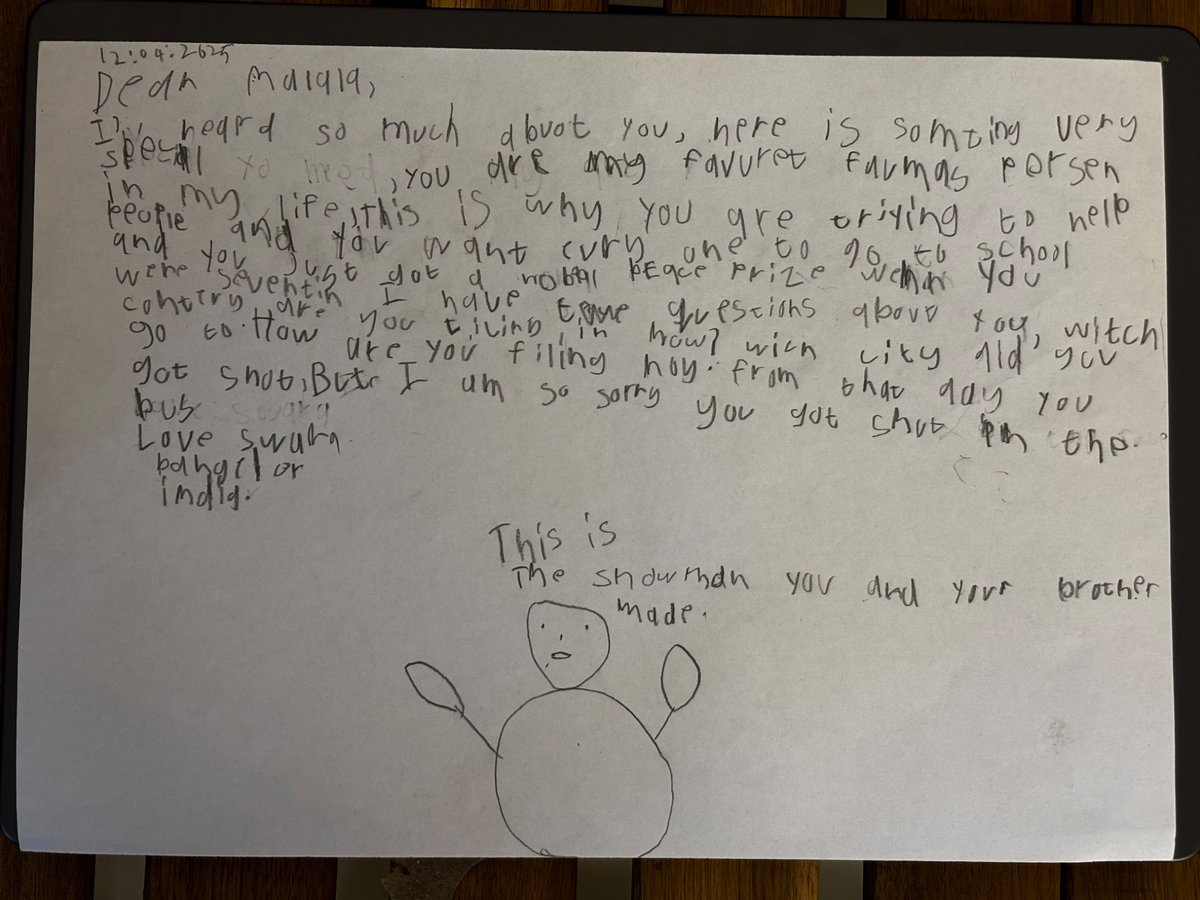 m8al's tweet photo. Dear @Malala my 7y old absolutely adores you. She wrote a letter for you today and has been trying to get you to read it. It'd mean the world to her if you could say hello back! https://t.co/WYRH3fWAYE