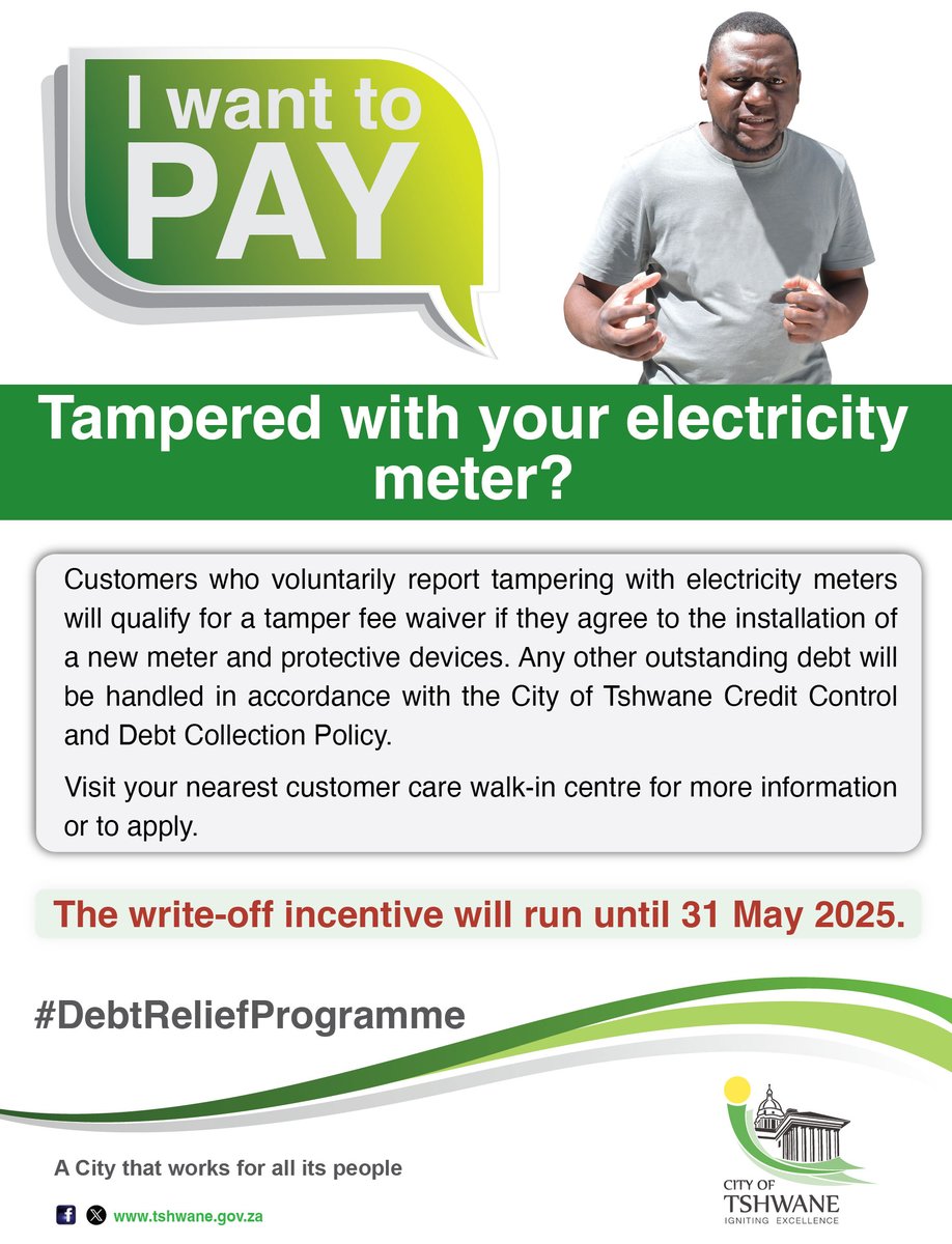 CityTshwane's tweet photo. Ek sê, bona. Last chance keo!!!
If you have tampered with our meter come forward.
#DebtReliefProgramme https://t.co/JuTBhRCQ3N
