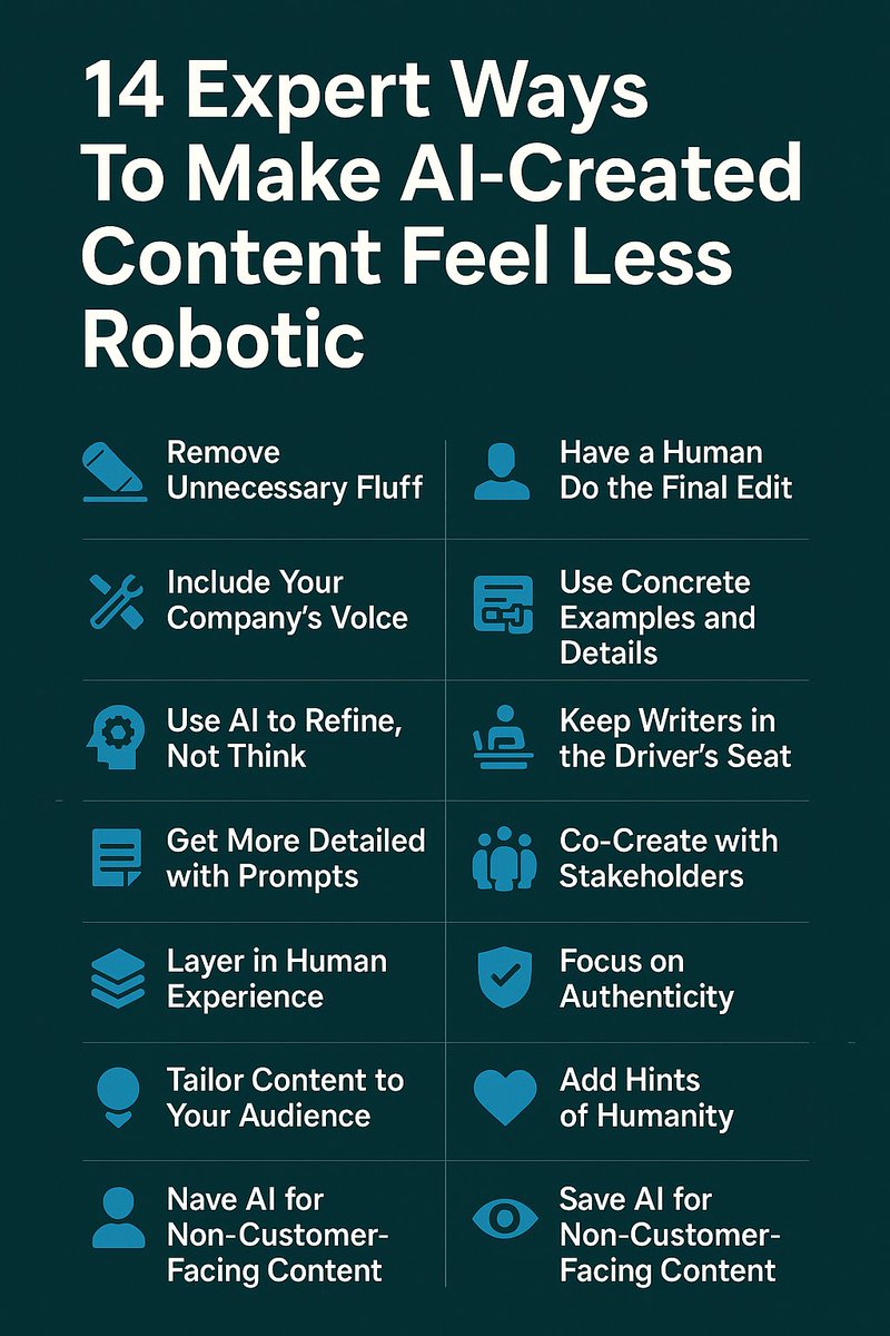 DagimAmdemikael's tweet photo. Your skills deserve the spotlight don’t let them go unnoticed.
Here are 14 practical way to make @AI created content feel less @robotic
Follow @DagimAmdemikael for more AI insights, growth tips, and digital success
#DigitalGrowth #BuildYourBrand #InfographicInspiration https://t.co/kvScls6qn0