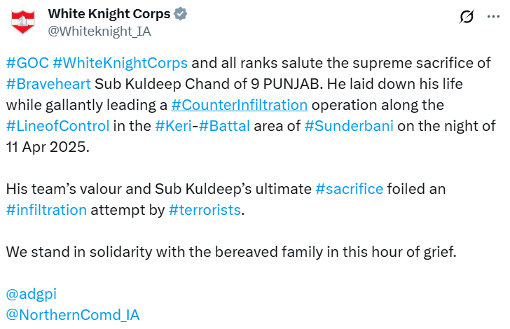 AalamAli789's tweet image. One brave JCO attained Veergati while defending the nation.

Salute to our hero  Shaheed Subedar Kuldeep Chand 🙏 #Akhnoor #LOCAlert #IndianArmy #VeerJawan #JammuKashmir