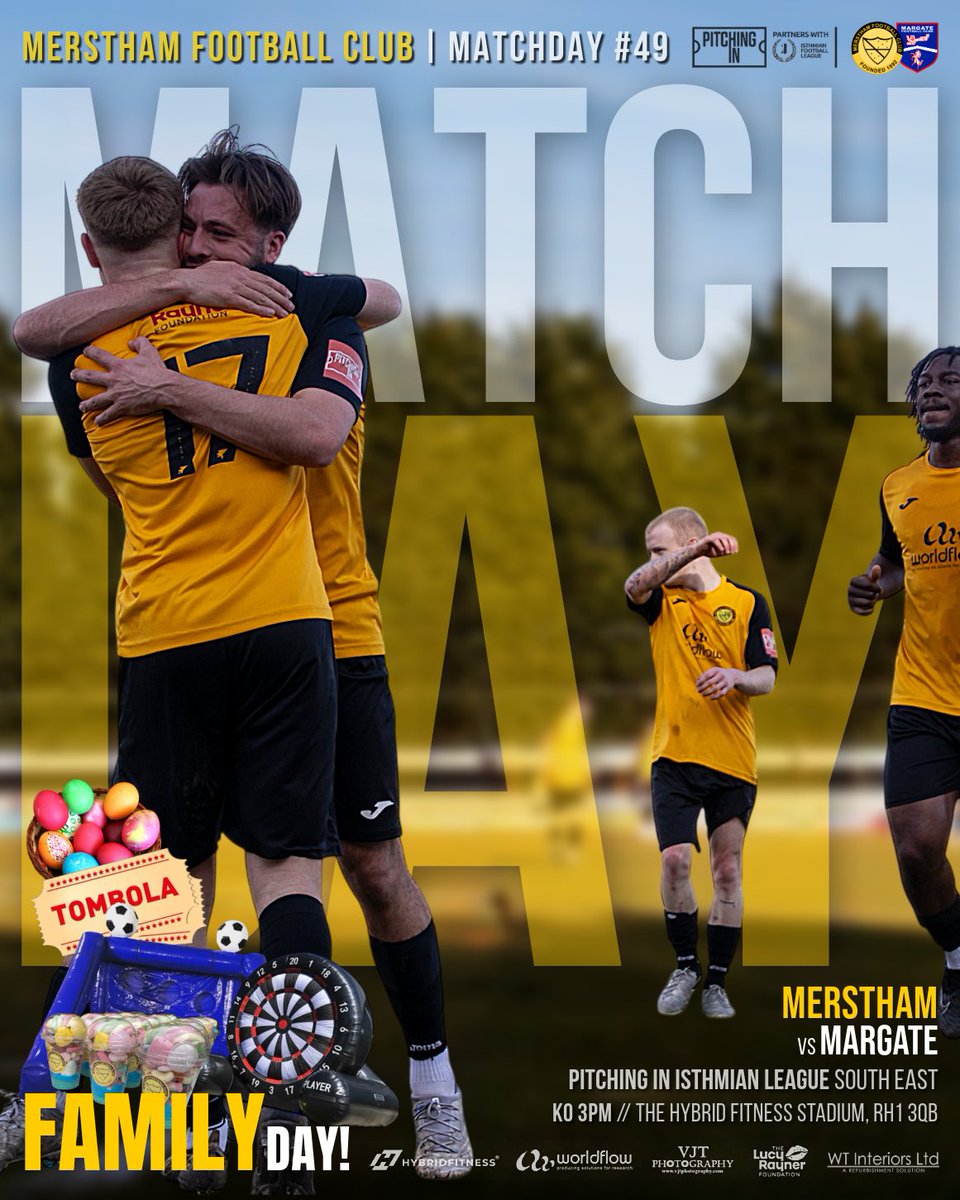 MersthamFC1892's tweet photo. 𝗠𝗔𝗧𝗖𝗛𝗗𝗔𝗬 | 𝗕𝗔𝗖𝗞 𝗧𝗛𝗘 𝗕𝗢𝗬𝗦!

Bring the Noise this afternoon 🆚 @margate_fc.

Family Day kicks off at 1:30pm, with fun for everyone: inflatables, tuck shop, tombola, Easter Egg crafts &amp; music from 5pm.

🗣️ 𝘾𝙤𝙢𝙚 𝙤𝙣 𝙮𝙤𝙪 𝙈𝙤𝙖𝙩𝙨𝙞𝙙𝙚𝙧𝙨!! 👏

#COYM 🧡🖤 https://t.co/dkVE5GrbNB