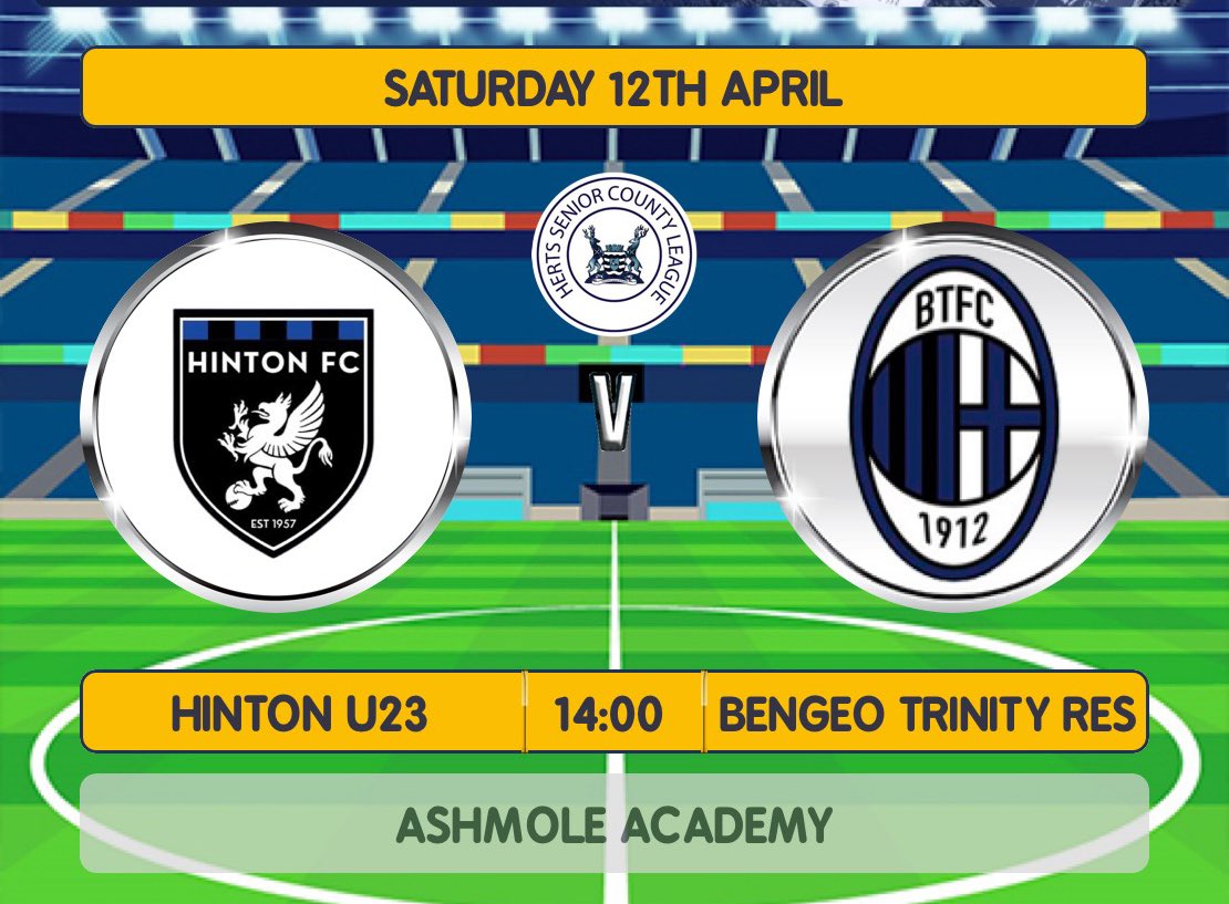 Reserves Matchday! 
⚽️ Herts Senior County League, Div 6
🆚 <a href="/_hintonfc/">Hinton FC</a> U23 (A)
🕒 2pm KO
📍Ashmole Academy, Cecil Road, Southgate, N14 5RJ
Come over and support the lads!