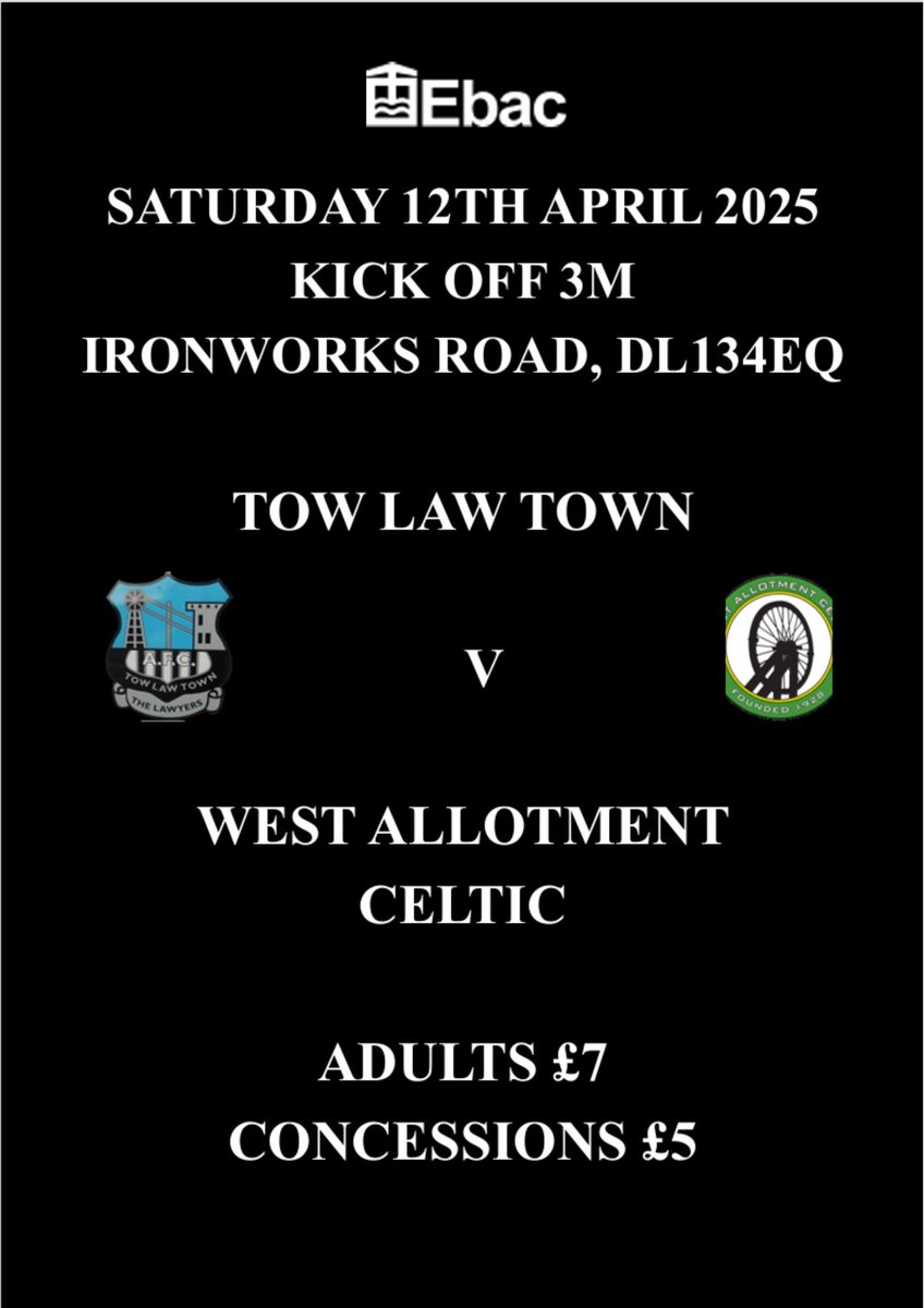 Tow Law Town AFC #Lawyers (@towlawtown) on Twitter photo Its our final game of this season as we host <a href="/wacfc/">West Allotment Celtic FC</a> in <a href="/EbacNorthernLge/">Ebac Northern Football League</a> come along to Ironworks Road this afternoon to support our Club moving forward to 25-26 season Its our final game of this season as we host <a href="/wacfc/">West Allotment Celtic FC</a> in <a href="/EbacNorthernLge/">Ebac Northern Football League</a> come along to Ironworks Road this afternoon to support our Club moving forward to 25-26 season