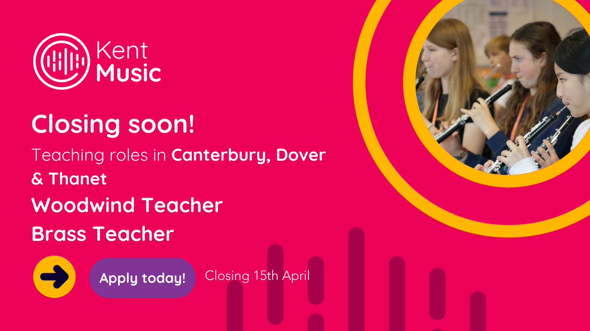 🎷 Love teaching?
🎺 Want flexible, meaningful work in East Kent?

We’re hiring Woodwind and Brass Teachers to work with pupils across Canterbury, Dover &amp; Thanet. Supportive team, rewarding teaching, and CPD built in.

Apply by 15 April: kent-music.com/about-us/join-…