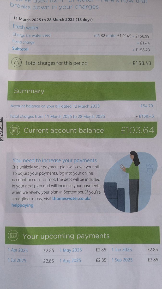 anniezimmer2011's tweet photo. @Ofwat @thameswater 
I am sick to death of your incompetence. I have phoned many times, since you forced me onto a meter, to update meter readings. 4 conversations in the last month and YET this time is the most bizarre. https://t.co/WJmquc8kXM