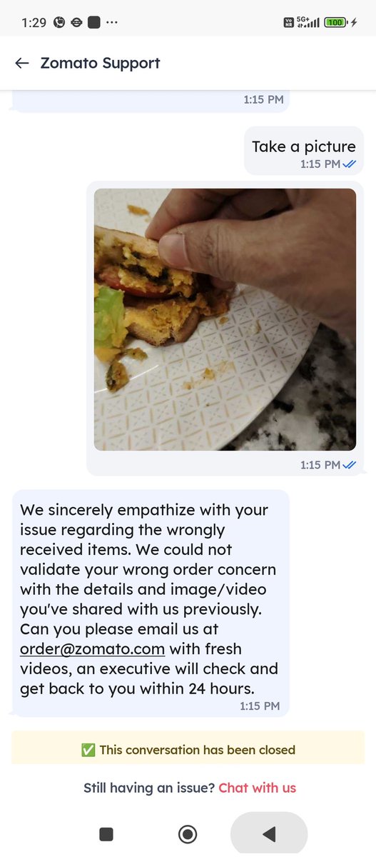 vigneshiyer2001's tweet photo. @zomato @zomatocare seems to be in hand and glove with the restaurants, the restaurant chose to give me a wrong order and zomato says it can't validate my wrong order. Ordered for a samosa sandwich and got a wrong masala sandwich instead. https://t.co/d60Kv0BzIm