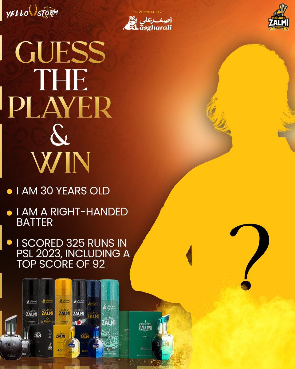PeshawarZalmi's tweet photo. 🎁 Giveaway Alert 

Comment below 👇 for your chance to win the Zalmi Perfume by @AsgharaliCo 💯

Tag 3 friends 👫
Like the picture 👍
Comment your answer
Share the post

#Zalmi  #YellowStorm #HBLPSLX #ZalmiXLegacy #PZvQG https://t.co/MdB2p5CRo1