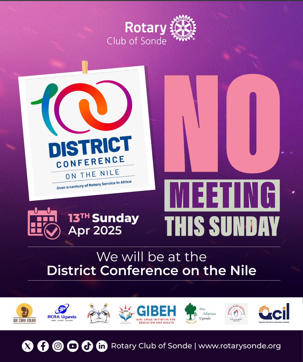 Rotary Club of Sonde- D9213 (@sonderotary) on Twitter photo ๐จ No club meeting at Sonde Models tomorrow โ weโre repping hard at the #100thDISCON in Jinja! Donโt bounce.  Weโll be back next weekend, stronger & louder.
#PeopleOfAction
#SondeUpdates ๐จ No club meeting at Sonde Models tomorrow โ weโre repping hard at the #100thDISCON in Jinja! Donโt bounce.  Weโll be back next weekend, stronger & louder.
#PeopleOfAction
#SondeUpdates