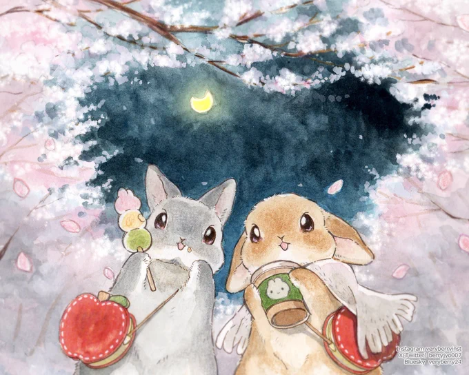 毎日投稿1900日記念うさぎさんの夜桜さんぽ┈┈┈┈┈┈┈┈┈┈┈┈┈┈┈┈┈HOLBEIN画材使用プロカラーII セピア 0.1mm不透明水彩絵の具<ガッシュ>アーチスト色鉛筆36色透明水彩絵具  48色 ┈┈┈┈┈┈┈┈┈┈┈┈┈┈┈┈┈ついに毎日うさぎさんイラスト投稿も 