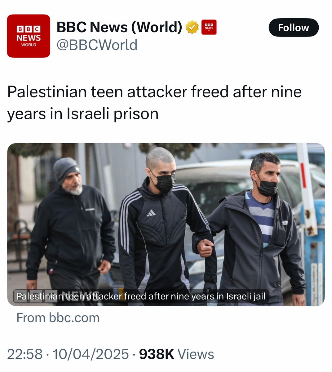 shameensuleman's tweet photo. “Ahmed Manasra was 13 — a child. Under international law, that makes him a protected minor. He was tortured, denied due process, and imprisoned for 9.5 years. Even Israel dropped the terrorism charge three years ago. Yet @BBCWorld calls him a ‘teen attacker’? This isn’t journalism — it’s apartheid apologia. You twist facts to humanize occupiers and dehumanize the occupied. Your double standards for Israel violate every journalistic and moral code.”