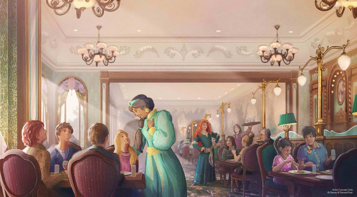 DLPReport's tweet photo. ⚠️ New concept art for the “Regal View Restaurant and Lounge”, showing the dining room. This table service restaurant will feature Princess meet and greets: https://t.co/X7F3sqvCOP