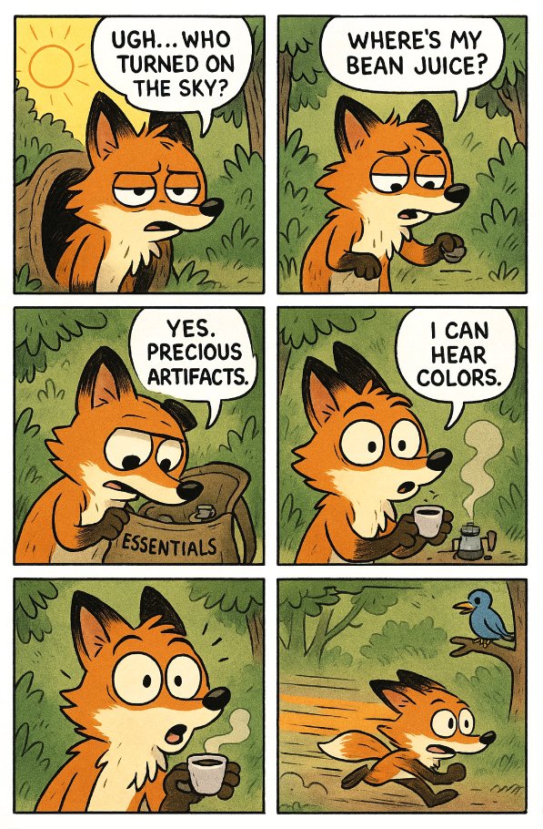 alby13's tweet image. Where's my bean juice? ChatGPT Comics #ChatGPTComic #ChatGPTComics #FoxComic