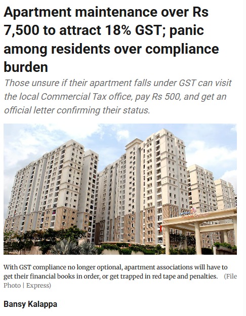 BAD NEWS FIRST | If your apartment association collects more than 20 lakh maintenance per annum or an individual apartment maintenance crosses 7500 rupee, you've pay 18% GST on your maintenance. Which means that even if you are living in a smaller flat with less than 7500