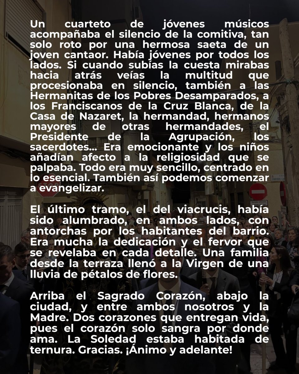 ✉️ 𝐂𝐀𝐑𝐓𝐀 𝐃𝐄𝐋 𝐎𝐁𝐈𝐒𝐏𝐎 | Tras lo acontecido ayer Viernes de Dolores, compartimos las palabras de Nuestro Señor Obispo, que asistió ayer a la Tradicional subida al monumento del Sagrado Corazón. 

Gracias por todo, Almería. 

#SiglosdeSoledad
#YoSoydelaSoledad
