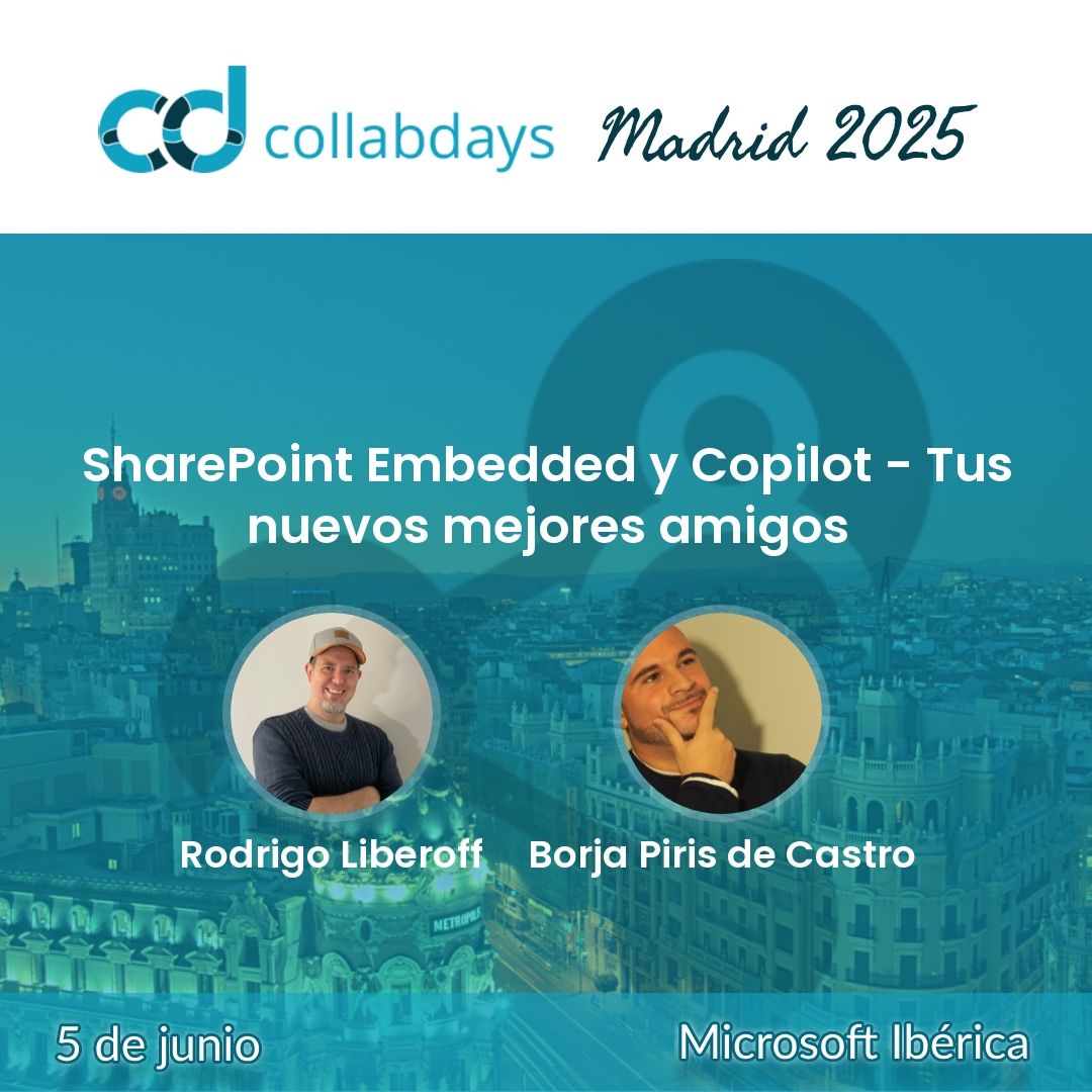 🚀🚀 Ni en fin de semana paramos. En el Collabdays contaremos con 2 cracks como <a href="/rliberoff/">Rodrigo Liberoff 🧢</a> y <a href="/pirisborja/">Borja Piris</a> que nos hablarán de #SharePoint Embedded y #Copilot ¿Serán o no serán mejores amigos? Ven a descubrirlo a nuestro evento 🚀🚀