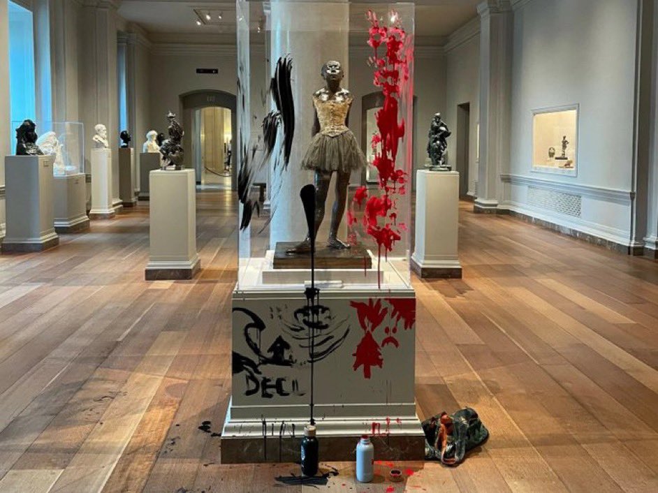 CONVICTED of conspiracy against the United States! A peaceful climate protester, smeared washable paint on the protective case of Edgar Degas’ statue ‘Little Dancer Aged Fourteen’

The paint was easily removed, unlike the CO2 in the atmosphere pumped out as we burn fossil fuels