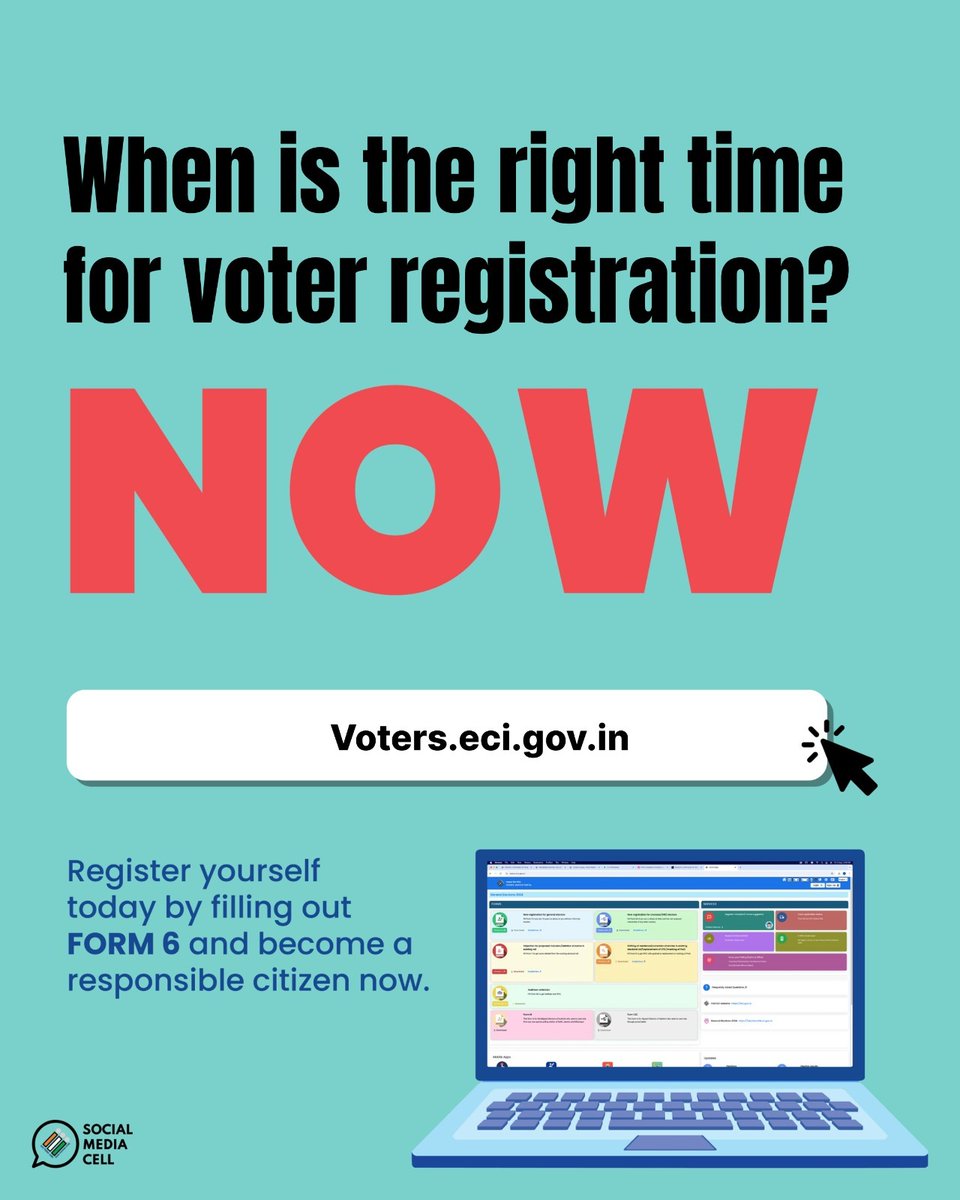 ECISVEEP's tweet photo. Don’t wait for the “right time” 🕰️ - it’s already here! ✨
Register to vote NOW at https://t.co/s2OXIwmiBh by filling out #Form6
#VoterRegistration #Form6 #BeElectionReady #ECI https://t.co/PeDpcqjOif