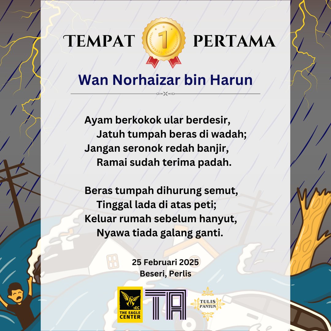 TulisPantun's tweet photo. Senarai Pemenang Sayembara Ketot Menulis Pantun Ke-10 (Tema: Awas Bencana)

🥇 Pertama (RM100): Wan Norhaizar bin Harun
🥈 Kedua (RM60): Nuur Roihan
🥉 Ketiga (RM40): Rokiah Puteh

Tahniah semua pemenang #seketot! https://t.co/V85r4Uxsgq