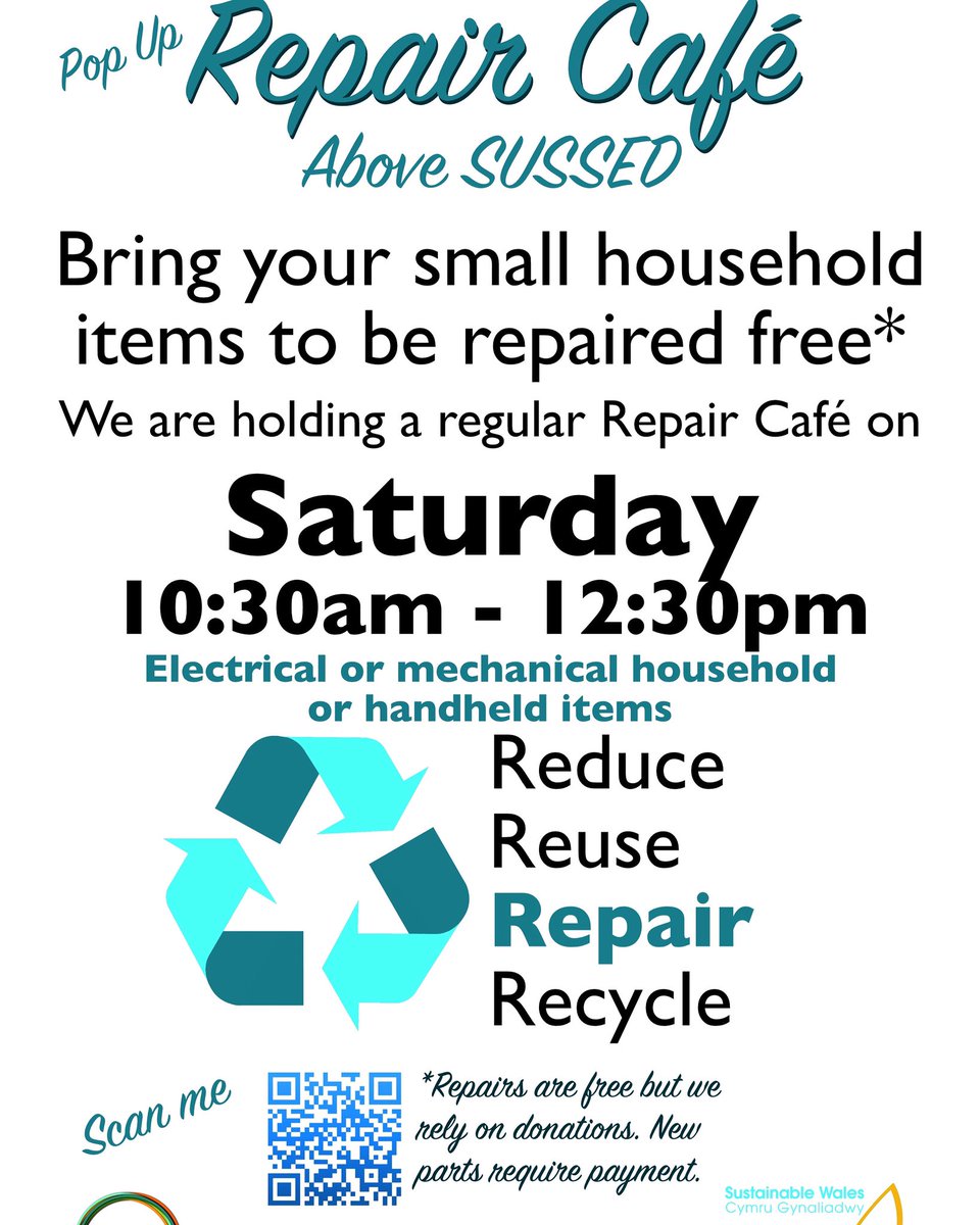 Repair café above Sussed Porthcawl CF36 3BG Saturdays from 1030 to 1230