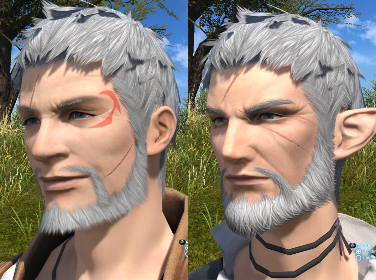 moodud's tweet photo. @FF_XIV_JP ずっと課金しているのにどうして私のキャラ（左）がみんなと同じ待遇を受けられないでしょうか。右みたいに髭のテクスチャのアップデートぐらいはなぜやらないですか。同じ金払ってますが。 https://t.co/V82lvfljIt