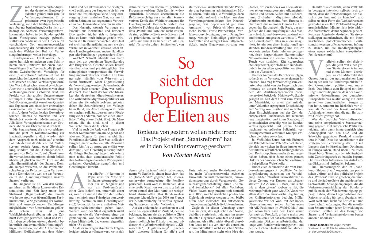 🧵Dass der Bundespräsident ausgerechnet vier Leute einsetzte, um "Staatsreformen" vorzuschlagen, die für den beklagenswerten heutigen Zustand maßgeblich verantwortlich sind, war auch hier bereits Gegenstand verwunderter Kritik. In der heutigen FAZ nun rechnet Florian (1/2)