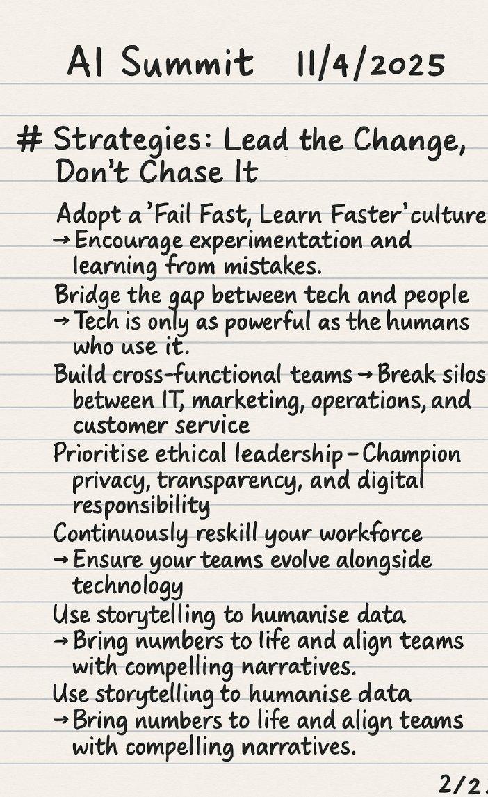Delighted to deliver on Leadership Behaviours in the Digital Age at the AI Summit today. Brilliant energy, sharp minds, and real challenges explored.
Here are some notes from other standout speakers too 👇
#AISummit #Leadership #DigitalTransformation #AIMinds #FutureOfWork