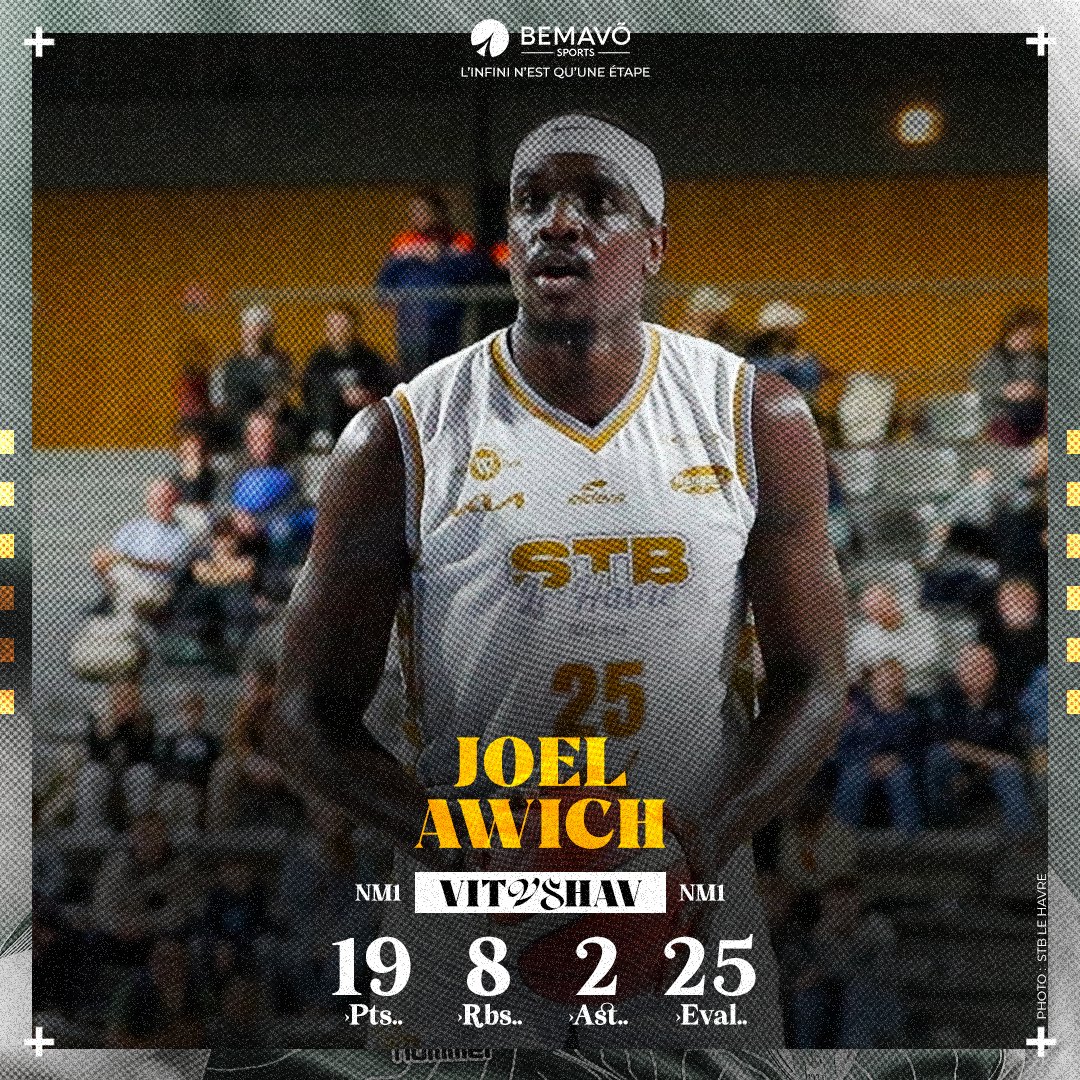 <a href="/MouhriSahel/">sahel mouhri</a> <a href="/AVBB35/">Aurore Vitré Basket</a> Belle prestation de notre soldat Joel Awich (<a href="/Awich25/">Yung Leez</a>) avec 1️⃣9️⃣pts, 8️⃣ rebonds dont 7️⃣ défensifs, 2️⃣ passes décisives et 2️⃣5️⃣ d'évaluation 🔥 avec Le Havre qui s'incline de peu face à Aurore Vitré pour la 9ème journée de la phase 2 de NM1
#NM1 #SoldatDeLinfini #BemavoArmy