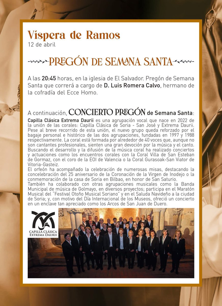 Hoy, 
📆sábado 12 de abril📆, 
tienes evento al que asistir.
A las ⏰20:45⏰, 
en la 📍Iglesia del Salvador📍 de la ciudad de #Soria: 📣PREGÓN de #SEMANASANTA 📣
a cargo de 🗣D. Luis Romera Calvo.

#SemanaSanta2025 #Semanasantadesoria #cuaresma2025 #pasionydevocion