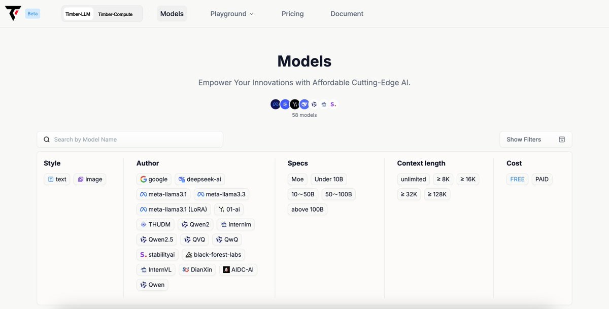 TimberProtocol's tweet image. Easily filter large-scale AI models on Timber Protocol based on your needs:

✅ Text vs. Image generation
✅ Google, DeepSeek, and more
✅ Free or Paid options
Find the right model in seconds.