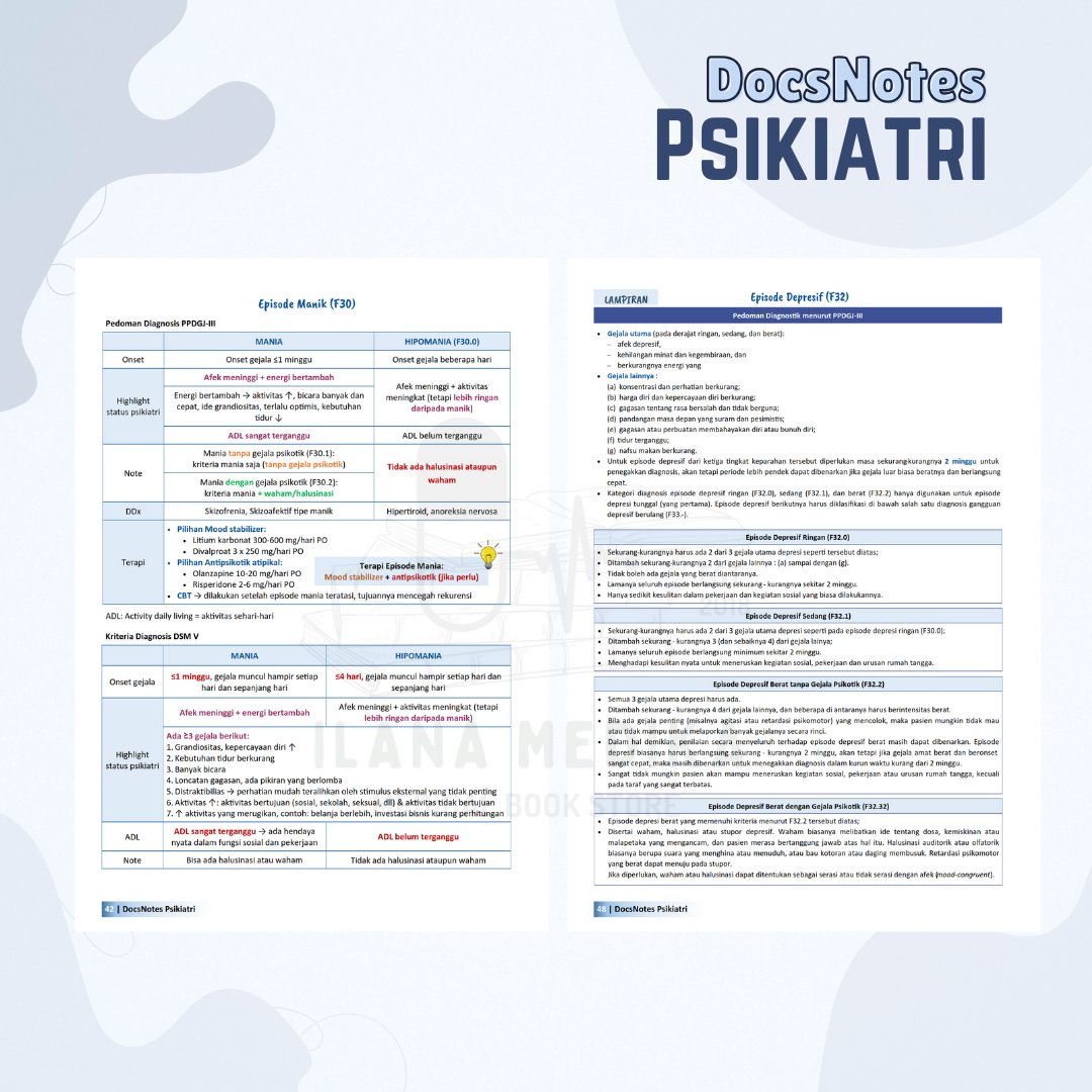 ilanamedika's tweet photo. 4. Untuk memudahkan mengingat materi, DocsNotes Psikiatri menyajikan tabel perbandingan, infografis, dan mind map
5. Dilengkapi dengan Lampiran PPDGJ-III dan DSM-V TR yang ada di tiap segmen
6. Keyword ditandai dengan highlight (ada warna yang berbeda) https://t.co/zRwXTh66BU