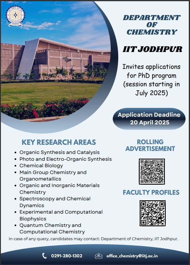 PhD positions are open in our group. If you have cleared CSIR JRF or GATE and motivated to work on Computational Biophysics using Molecular Simulations and Machine Learning, you may apply. An experience on scripting language is a plus. The last date of application is 20 April.